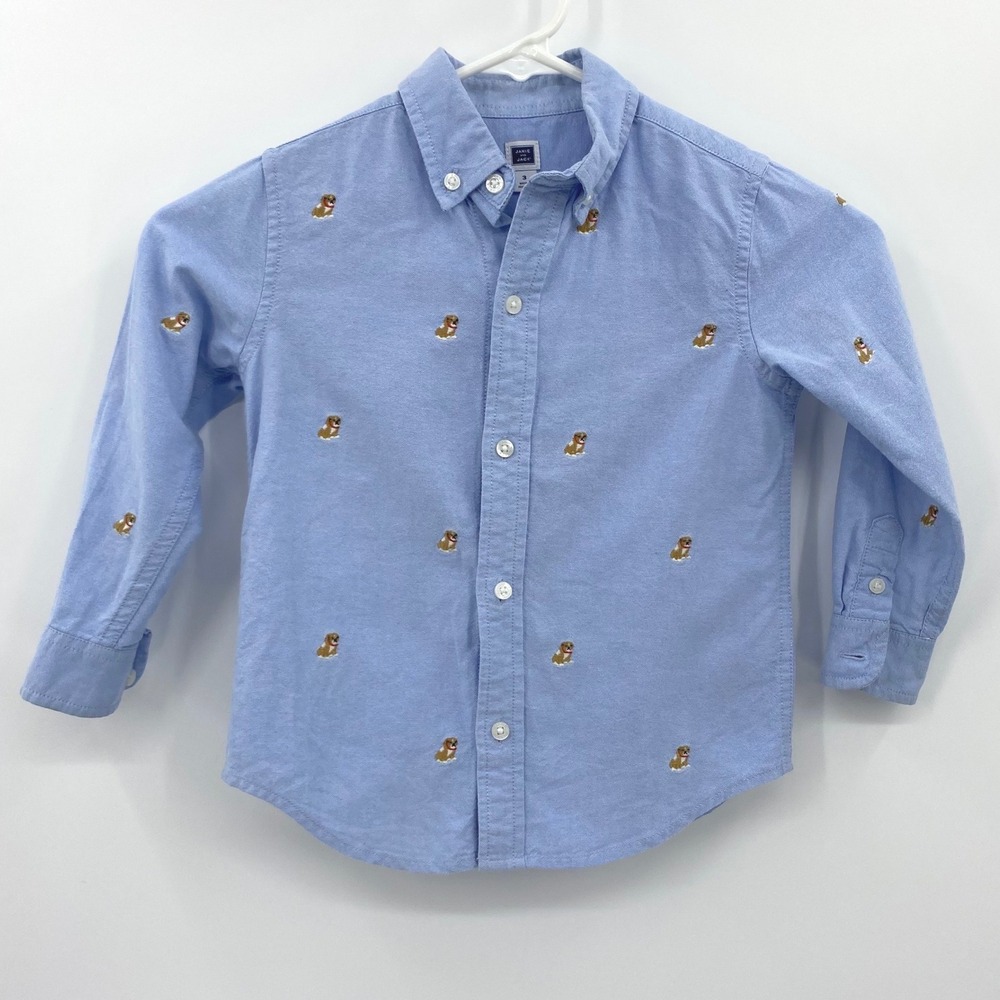 Janie‎ and Jack Boys Size 3 Blue Button Down Shirt Embroidered DOG Long Sleeve